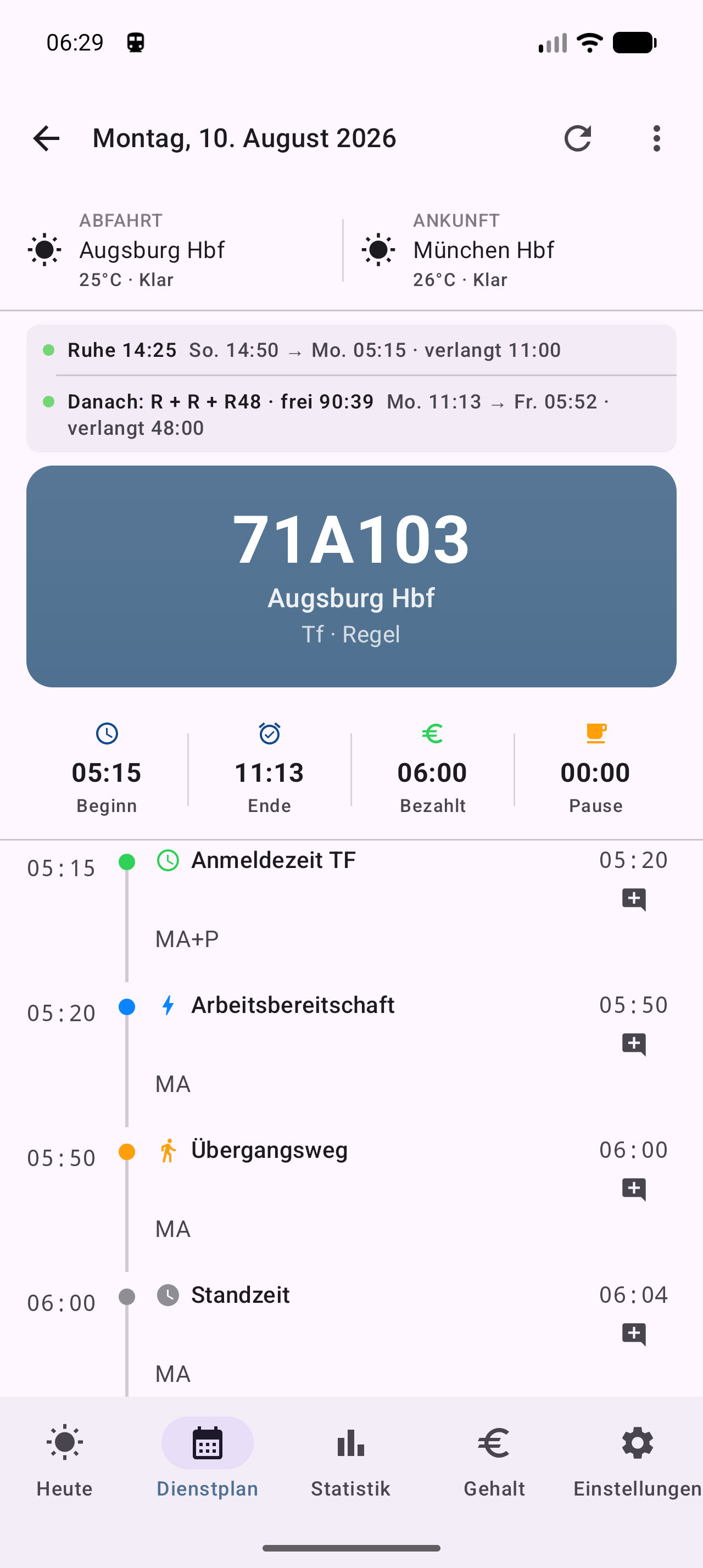 Ruhezeiten und Arbeitsphase in der Android-App