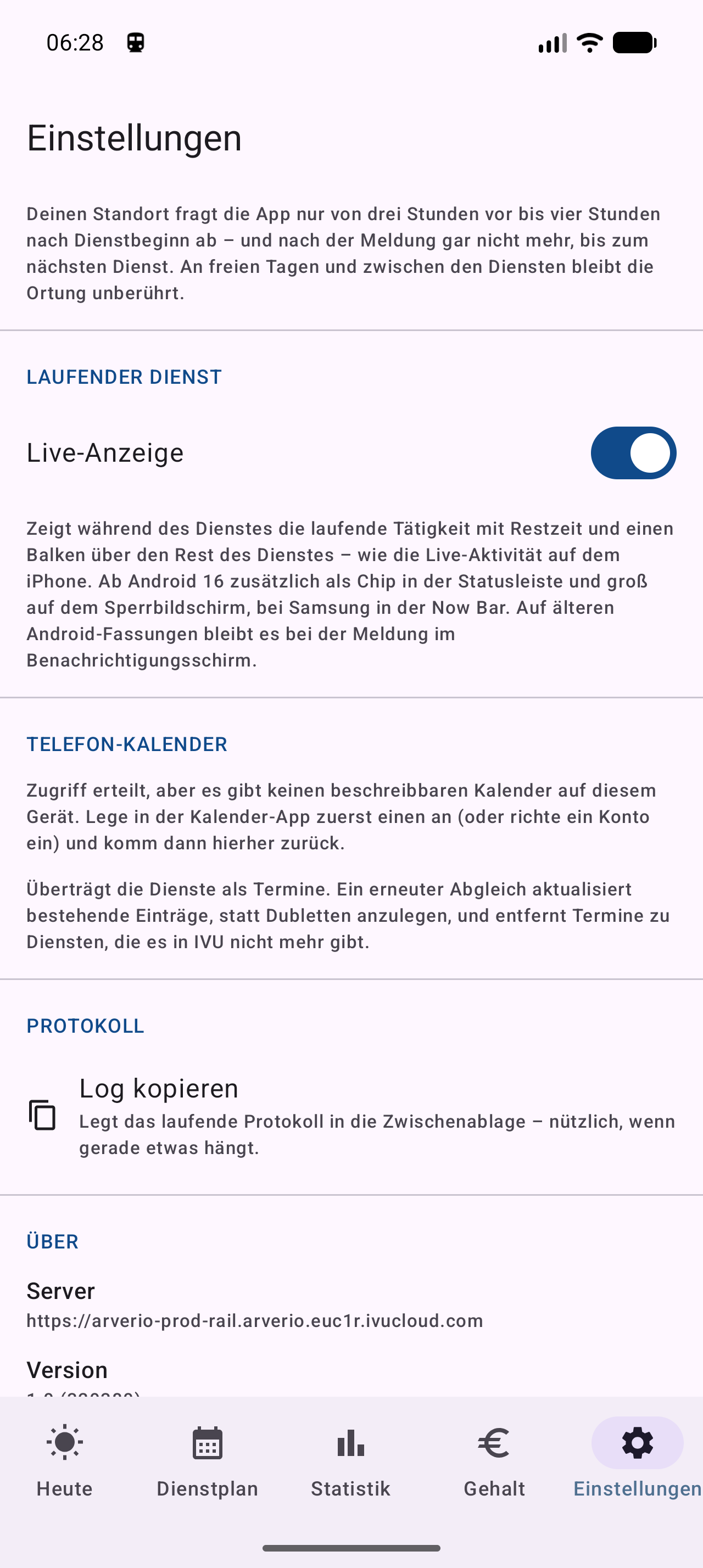 Einstellungen der Android-App mit Log-Kopieren-Funktion