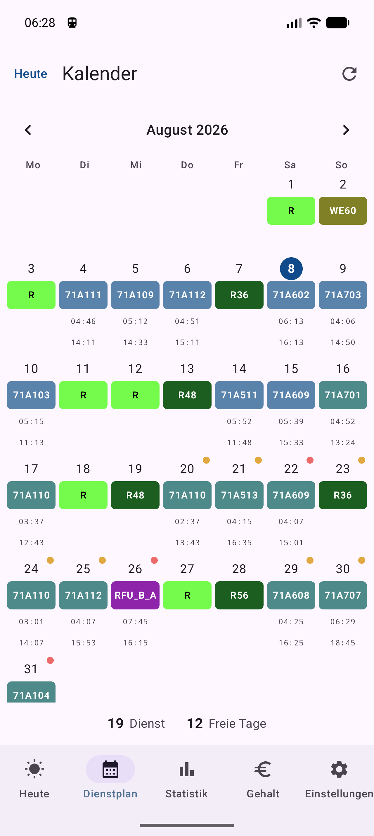Dienstplan der Android-App als Monatsübersicht