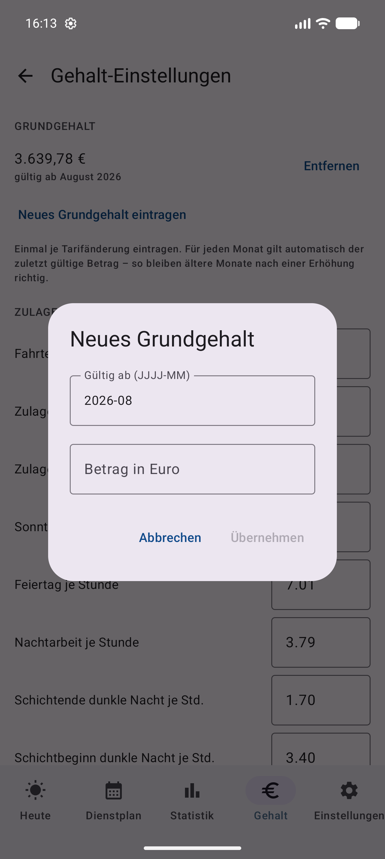 Neues Grundgehalt eintragen: Monat und Betrag