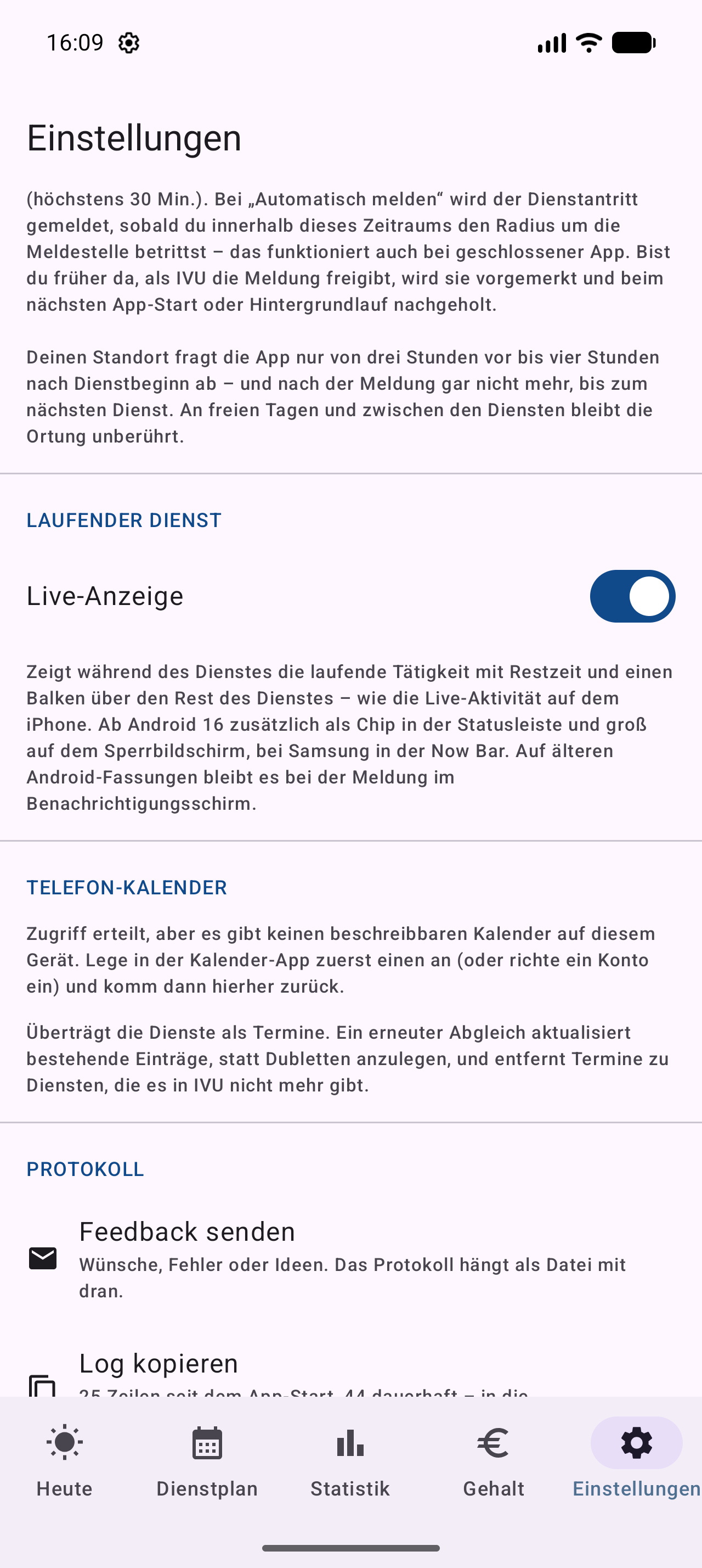 Live-Anzeige, Kalender und Protokoll in den Einstellungen