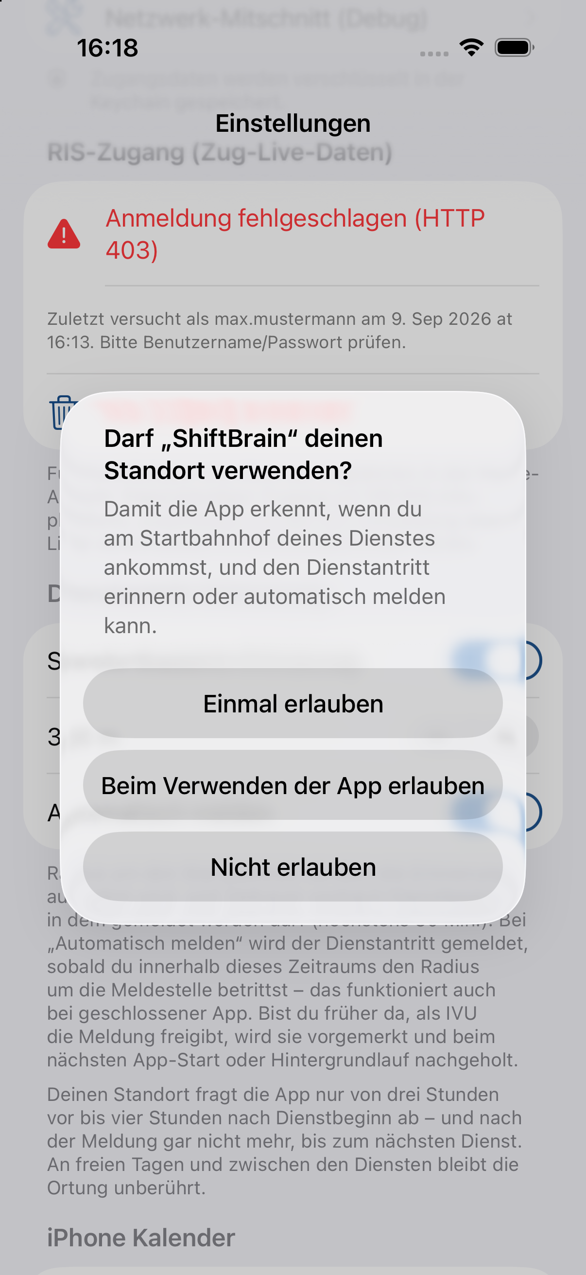 Standortfrage: Genau und Bei Nutzung der App wählen