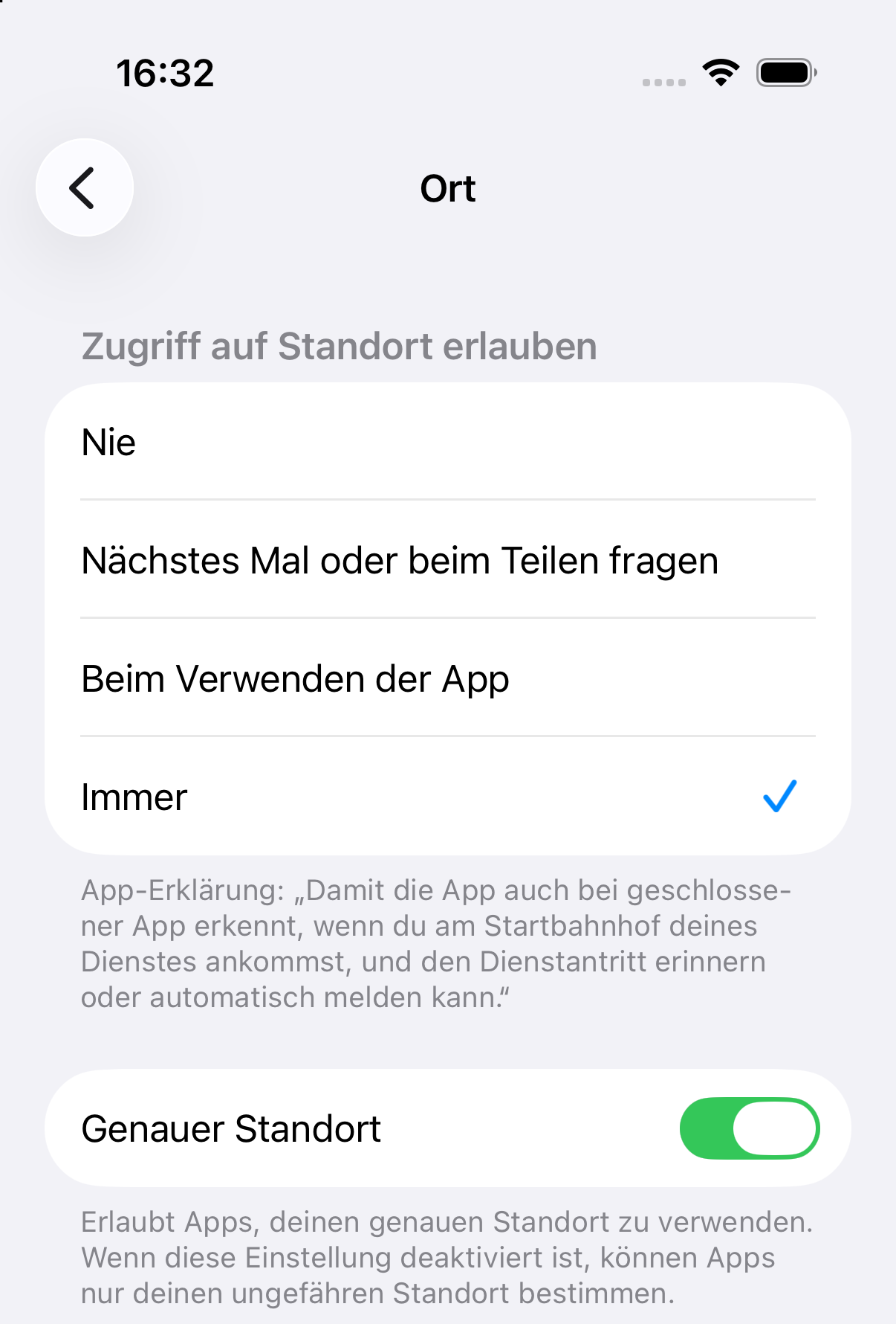 Standortberechtigung auf Immer zulassen umstellen