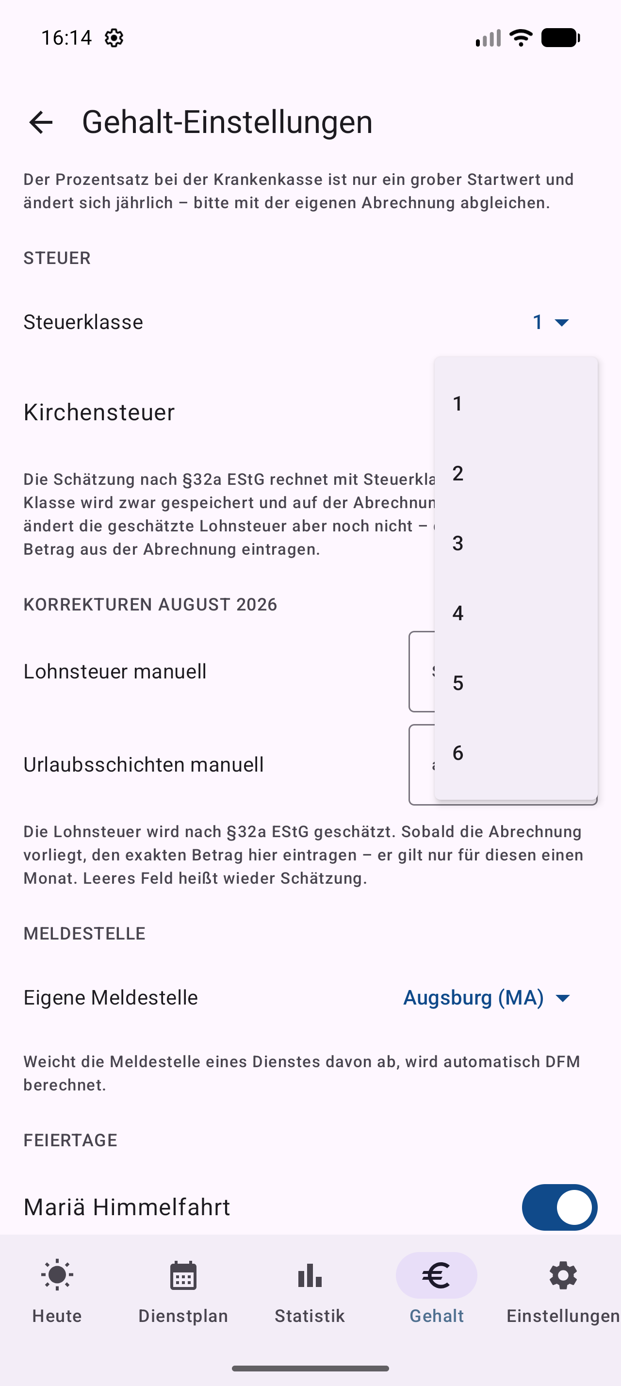 Auswahlliste der Steuerklassen 1 bis 6