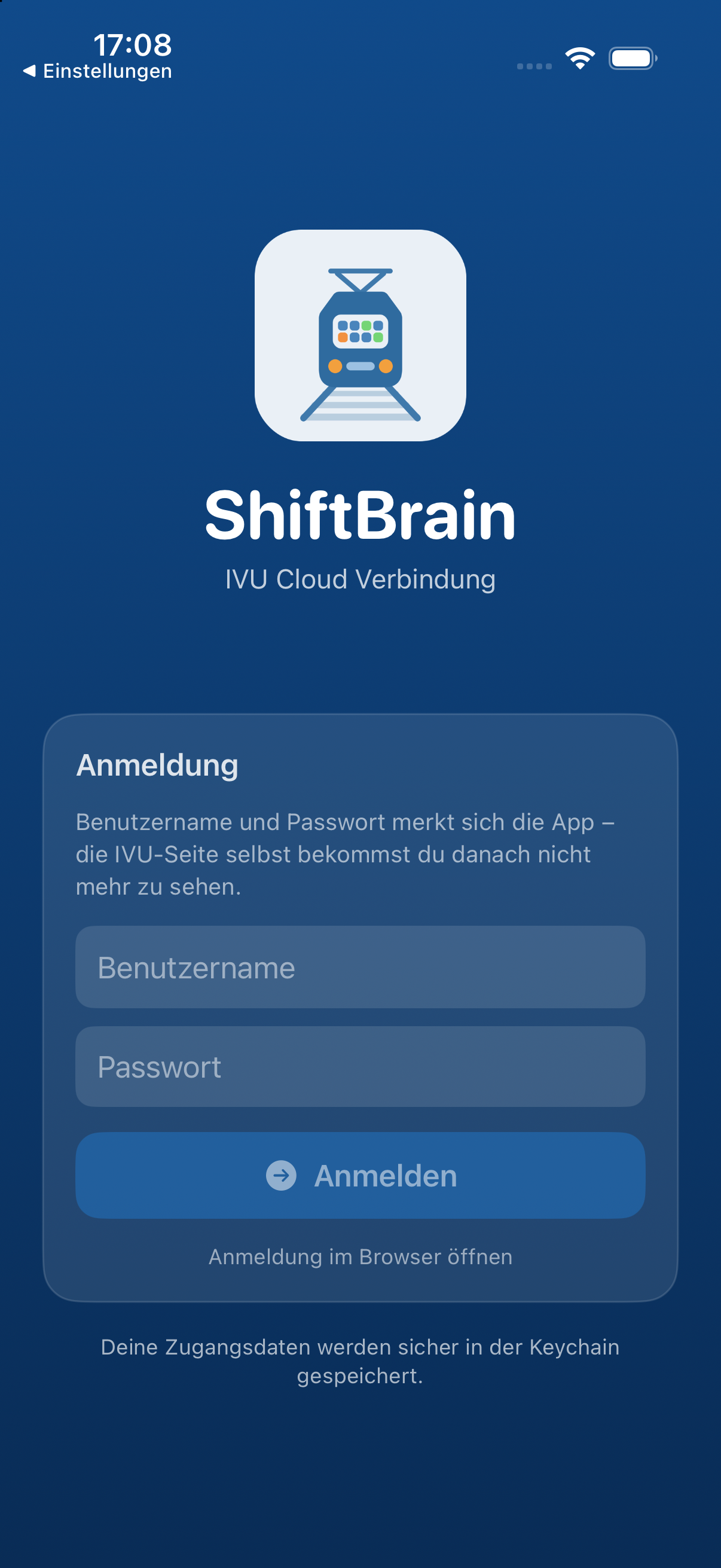 ShiftBrain direkt nach der Installation, bereit zur Anmeldung