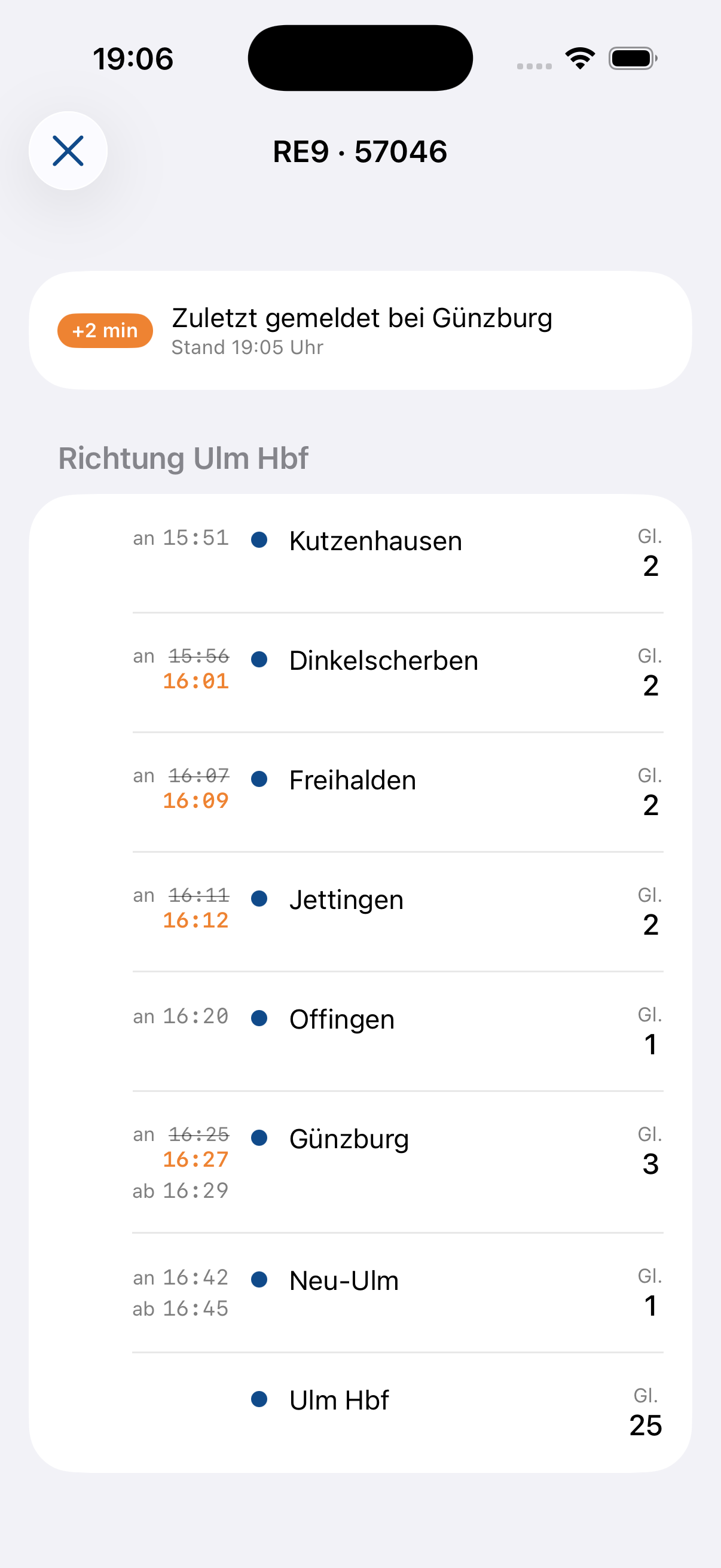 Fahrtdetail mit Halteplan, Gleisen und Verspätung