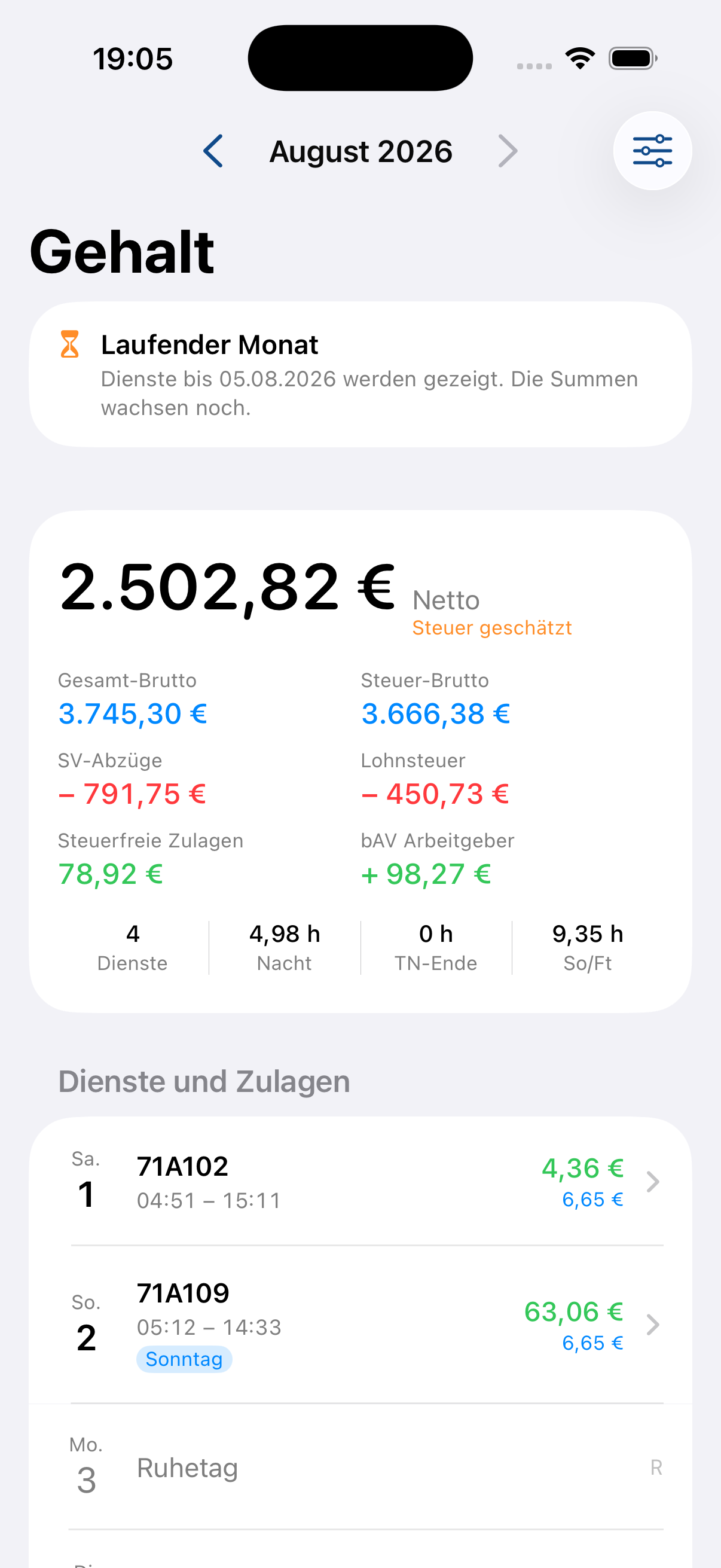 Monatsabrechnung mit Brutto, Netto und Zulagen