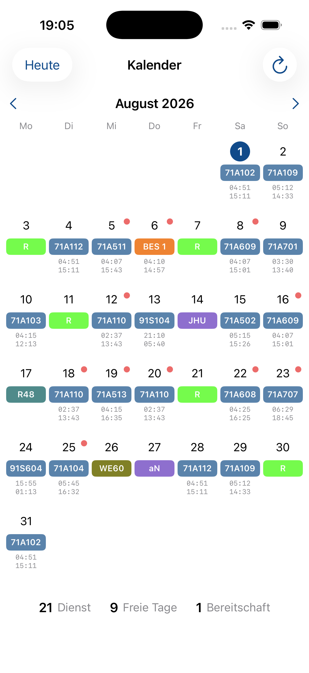 Monatsübersicht des Dienstplans