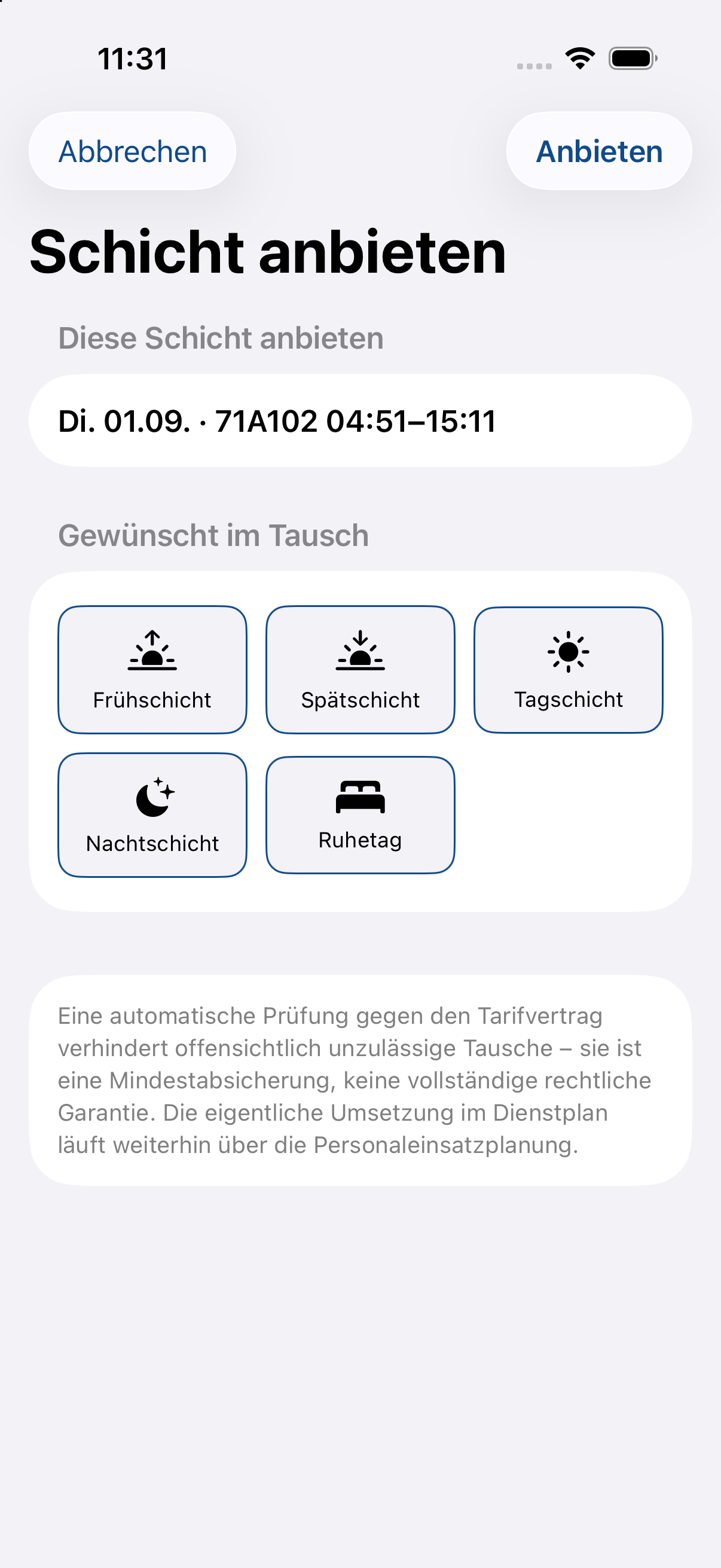 Eine Schicht anbieten mit Auswahl der gewünschten Gegenleistung
