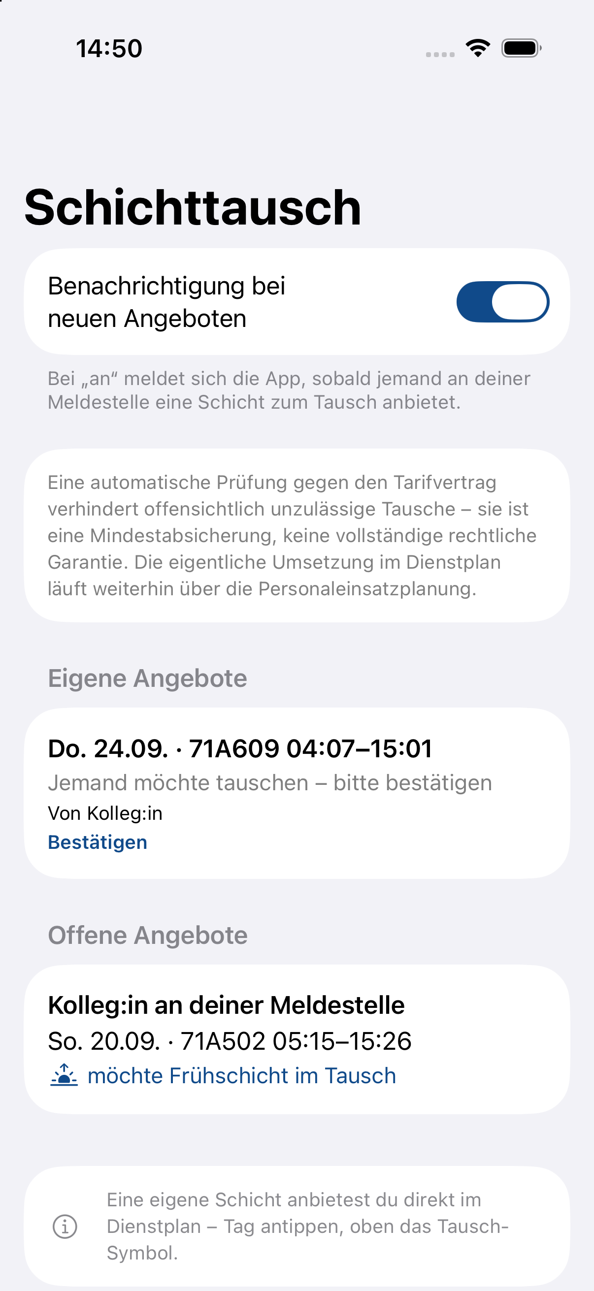 Schichttausch-Übersicht mit eigenen und offenen Angeboten