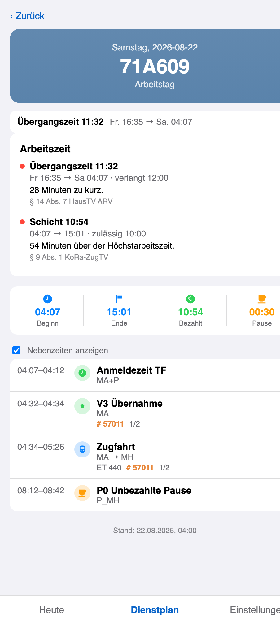 Tagesansicht der Web-App mit Arbeitszeit-Prüfung und Timeline